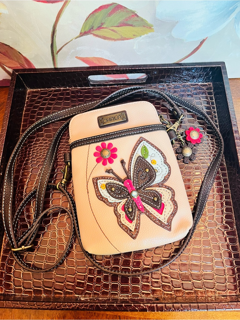 Chala Cream Crossbody Cell Phone Bag with Pink & Brown Butterfly Appliqué (NWOT) - Picture 5 of 13